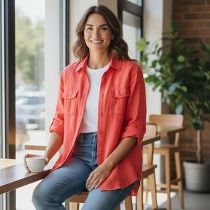 Chico’s Coral Pink Orange No Iron Linen Button Up Tunic Top - Size 2